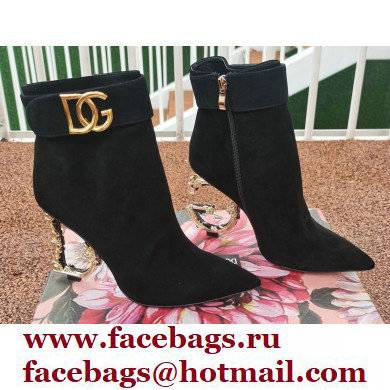 Dolce & Gabbana Heel 10.5cm Leather Ankle Boots Suede Black with Baroque DG Heel and Strap 2021 - Click Image to Close